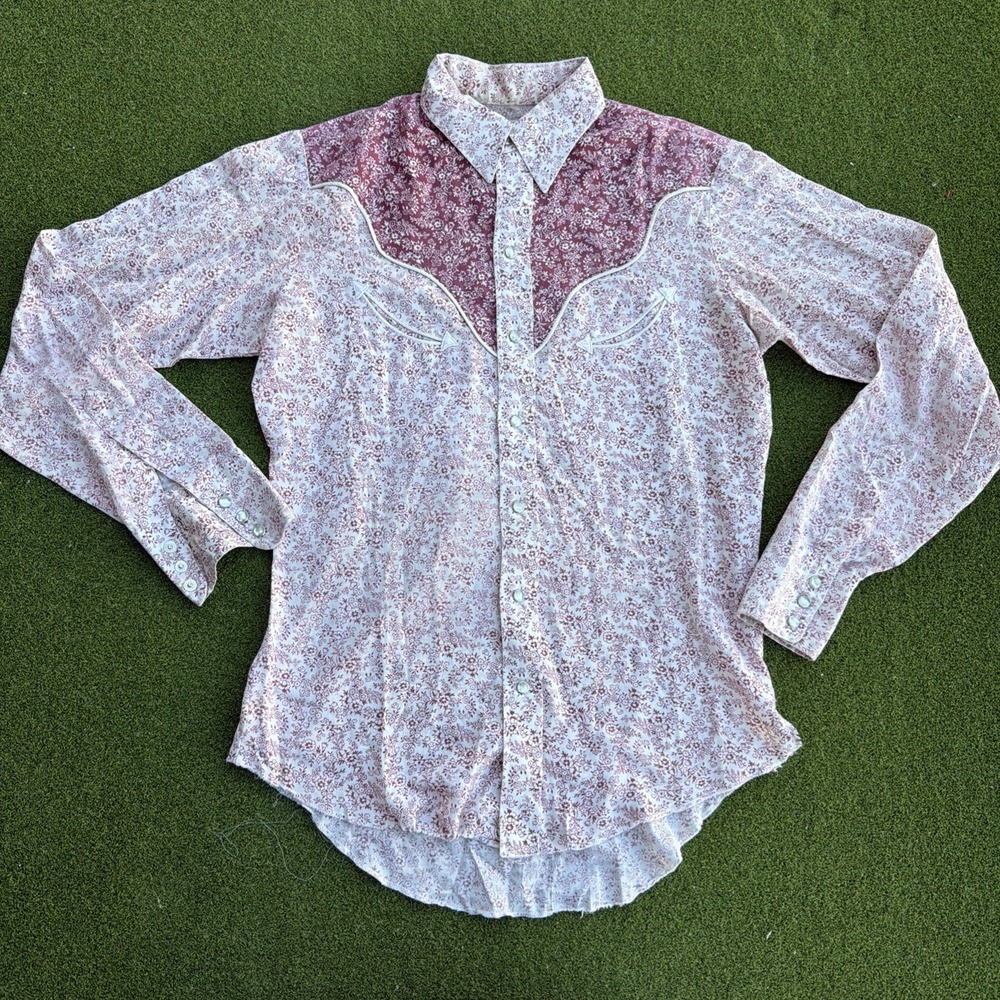 VTG 70s Wrangler Pearl Snap Western Shirt Floral Long Tails Single Needle Mens